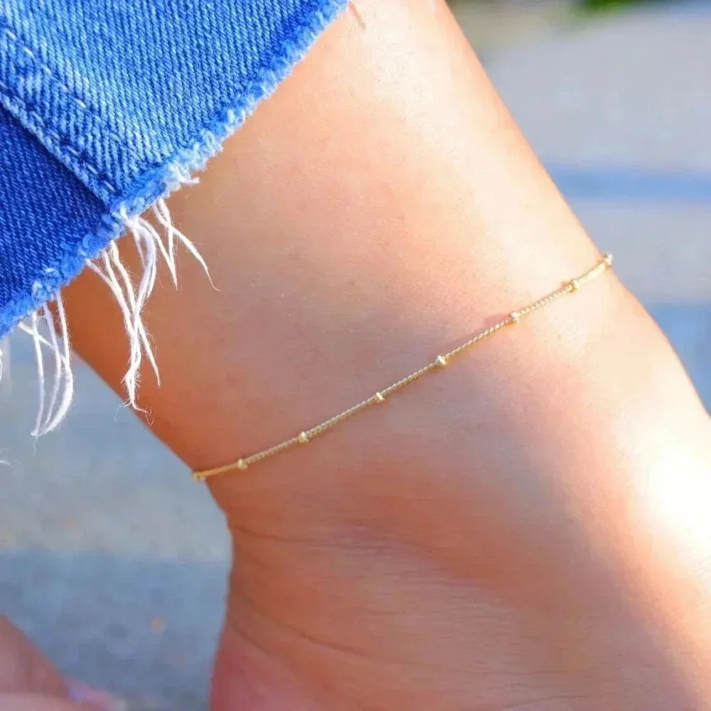 💛GORGEOUS ROUNDED BEADS ANKLET ESSENTIAL CHAIN SOLID GOLD BRACELET, ELDM22337